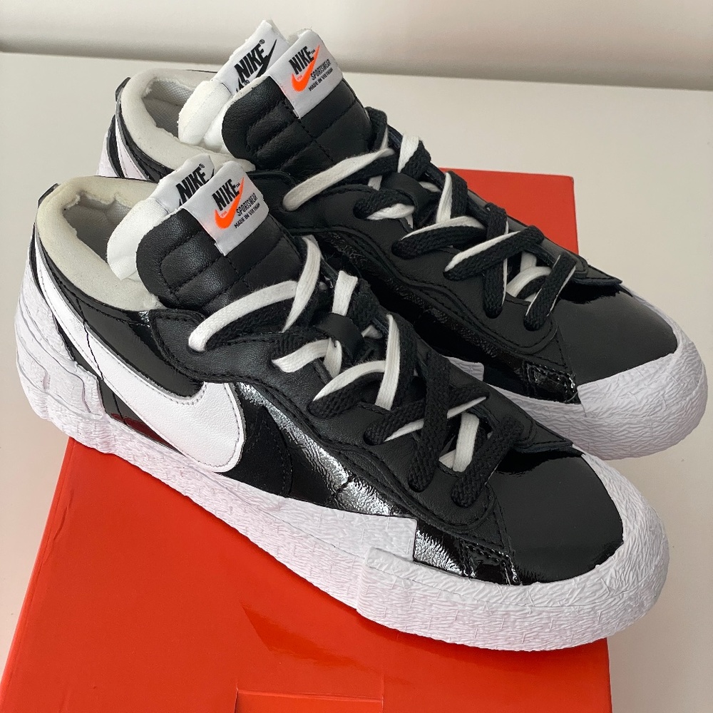 Size 7 - Nike Blazer Low x Sacai Shiny Black White DM6443 001